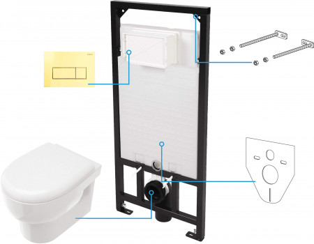 Avis Set 6 in 1 vas WC, capac, cadru, clapeta - finisaj Gold / auriu, sistem prindere si membrana acustica