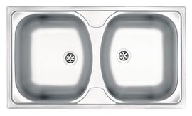 TECHNO 2-BOWL S/S SINK WITHOUT DRAINING BOARD, WITH FITTINGS, SATIN