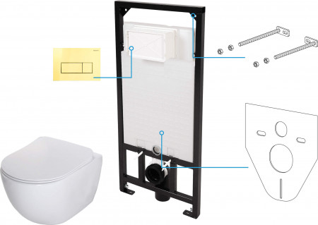 Peonia Zero Set 6 in 1 vas WC, capac, cadru, clapeta - finisaj auriu / gold , sistem prindere si membrana acustica