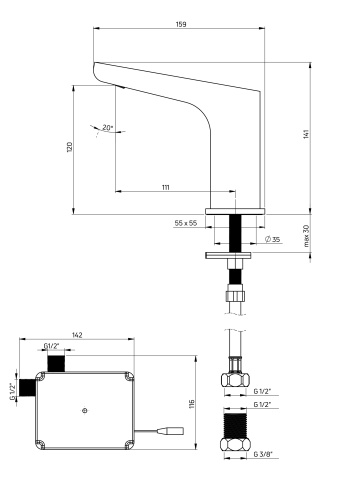 HIACYNT Baterie pentru chiuvetă, fără contact direct, fără sistem de reglare a temperaturii - 4xAA Finisaj: Negru BQH_N28R - Img 2