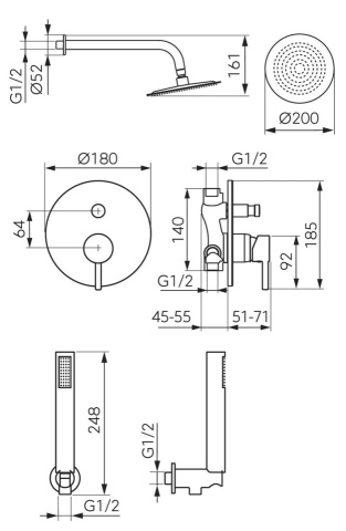 CIRICULUS Set 5 în 1: Sistem de dus încastrat - cap duș fix, pară duș mobilă, furtun flexibil și racord BCK7PBG-SET1-S finisaj auriu periat - Img 2