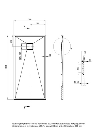 Correo Cădiță de duș din granit, rectangular, 140x70 cm Finisaj: Antracit KQR_S77B - Img 2