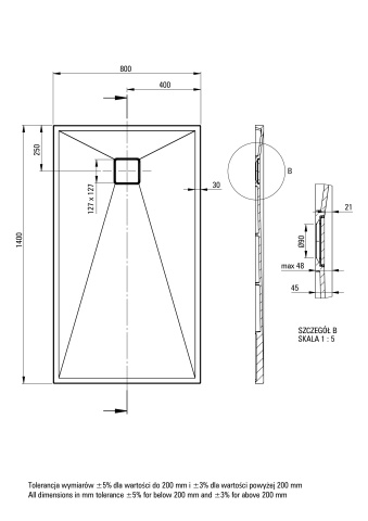 Correo Cădiță de duș din granit, rectangular, 140x80 cm Finisaj: Antracit KQR_S48B - Img 2