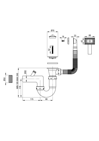 Sifon pentru chiuveta din inox cu montare pe mască, 1-cuvă - 2" rigole Finisaj: Oțel periat ZXY_9923 - Img 2