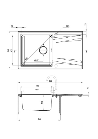 Prime Chiuvetă granit-inox, 1-cuvă cu picurător Finisaj: Antracit ZSR_S113 - Img 2