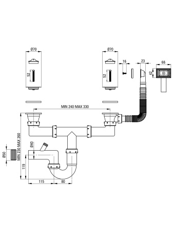 Sifon pentru chiuveta din inox cu montare pe mască, 2-cuve - 2" rigole Finisaj: Oțel periat ZXY_9924 - Img 2