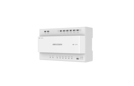Distribuitor videointerfon 2 fire Hikvision DS-KAD706Y, 6 porturi pentru monitoare/posturi, 2 porturi cascadare, interfata RJ-45, indicatori status, montaj pe sina DIN, alimentare 24V DC, reset integrat, metal - Img 2