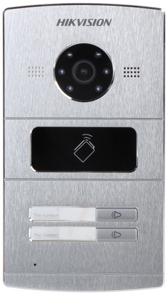 Post exterior videointerfon IP HikVision DS-KV8202-IM pentru 2 familii, rezolutie 1.3MP HD, cititor card integrat, comunicare bidirectionala, carcasa aluminiu, protectie IP65, montaj ingropat, alimentare PoE/12V - Img 2