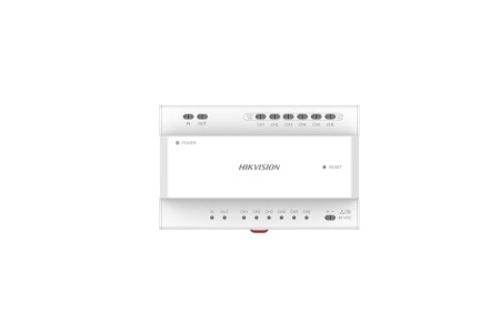 Distribuitor videointerfon 2 fire Hikvision DS-KAD706Y, 6 porturi pentru monitoare/posturi, 2 porturi cascadare, interfata RJ-45, indicatori status, montaj pe sina DIN, alimentare 24V DC, reset integrat, metal - Img 3