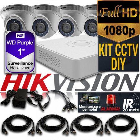 Kit Hikvision CCTV 4 Camere Dome TurboHD 1080p DS-56D0T04HQHI-F1/N/IRP