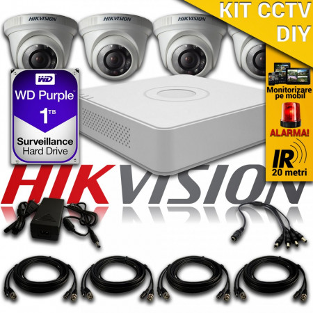 Kit Hikvision CCTV 4 Camere Dome TurboHD 720p DS-56C0T04HGHI-F1/IRP
