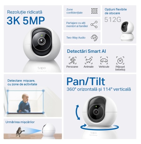 Camera TP-Link Tapo C230, 5MP 3K, Pan/Tilt 360°/114°, Night Vision 12 m, detectie AI cu notificari, alarma sonora, audio bidirectional, microSD 512 GB, stocare cloud Tapo Care, comenzi vocale Alexa/Google - Img 3