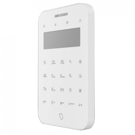 Tastatura wireless LCD Hikvision DS-PK1-LT-WE pentru sisteme alarma AX PRO, RF 868 MHz, ecran LCD, operare stay/away/disarm, panic/fire alert, 1200m range, tamper frontal/spate, baterii CR123 - Img 2