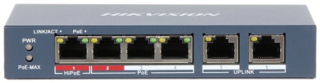 Switch PoE unmanaged HikVision DS-3E0106HP-E, 4 porturi Fast Ethernet PoE, 2 porturi Uplink, transmisie Long Range pana la 300m, protectie supratensiune 6KV, management inteligent PoE, alimentare 8-core, prioritate VIP port - Img 2