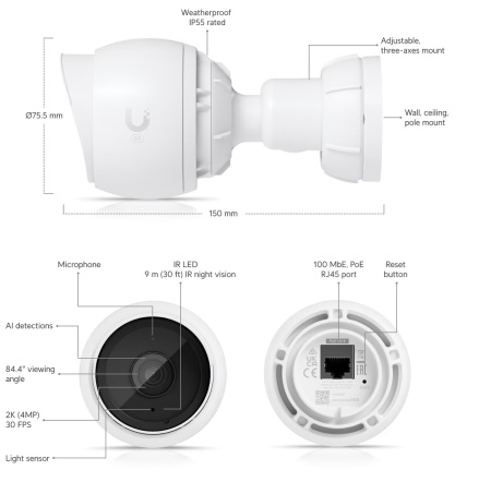 Camera supraveghere exterior Ubiquiti UniFi 4MP UVC-G5-Bullet 2K HD, senzor 5MP, alimentare PoE, detectie inteligenta AI persoane si vehicule, vizualizare nocturna IR 9m, microfon inclus, protectie IP55 si IK04, montaj perete/stalp - Img 5