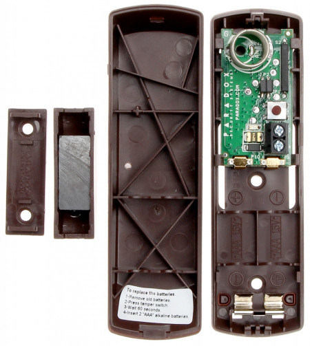Contact magnetic wireless Paradox DCTXP2BR, frecventa 433 MHz, intrare zona suplimentara NO/NC, distanta magnet 10mm, compatibil Magellan si Spectra, protectie tamper, alimentare 2xAAA, culoare maro, garantie 2 ani - Img 3