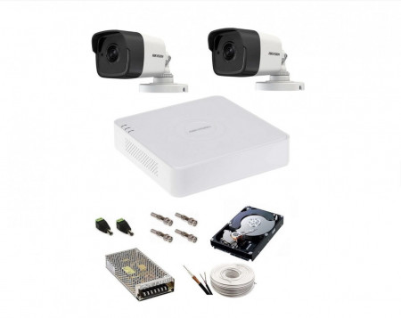 Kit complet supraveghere 5 MP Hikvision Turbo HD cu 2 camere Bullet IR 20 m,alimentatori, cabluri, mufe, HDD 1TB, vizualizare pe internet
