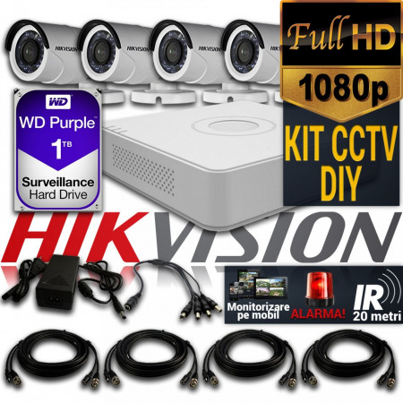 Kit Hikvision CCTV 4 Camere Bullet TurboHD 1080p DS-16D0T04HQHI-F1/N/IRP