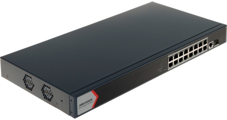 Switch cu management Hikvision DS‑3E1518P‑EI/M, 16×Gigabit PoE + 1×Gigabit RJ45 + 1×Gigabit fibra, buget PoE 130 W, suport VLAN 802.1Q, economisire energie EEE, STP/RSTP, detectie cablu, DHCP snooping, protectie supratensiune 6 kV - Img 2