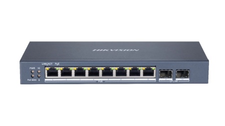 Switch HikVision 8 porturi PoE Gigabit cu web interface si doua porturi pentru fibra optica Gigabit DS-3E1510P-SI