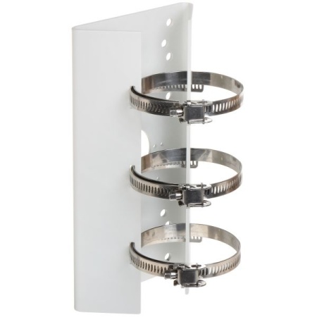 Suport de stalp Hikvision DS-1275ZJ pentru camere de supraveghere, fabricat din otel inoxidabil, culoare Hikvision White, montaj vertical sau orizontal, include coliere metalice, design robust pentru exterior, ideal pentru stalpi de utilitati - Img 3