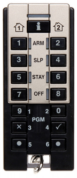 Telecomanda hibrida bidirectionala Paradox REM3, 15 taste, 6 comenzi PGM, tehnologie StayD, afisare stare 2 partitii, 9 indicatoare LED, frecventa 433/868 MHz, rezistenta la umezeala, baterie CR2032, certificat Grad 3 - Img 2