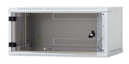 Rack de perete Triton sectiune simpla 15U 600mm adancime usa sticla panouri laterale detasabile, sectiuni acces cabluri sus/jos/spate securizare cu cheie, 1 pereche montanti reglabili, fabricat din tabla galvanizata IP30 negru