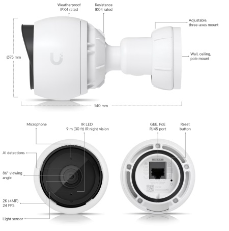 Camera supraveghere exterior Ubiquiti UniFi 4MP UVC-G4-BULLET 2K HD, senzor 5MP, detectie inteligenta AI, vedere nocturna IR 9m, microfon incorporat, alimentare PoE, carcasa aluminiu, protectie IPX4 si IK04, montaj versatil - Img 6