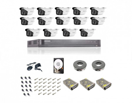Kit complet de supraveghere 5 MP Hikvision Turbo HD cu 14 camere Bullet IR 40 m,alimentatori, cabluri, mufe, HDD 2Tb, vizualizare pe internet