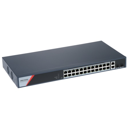 Switch de retea gestionabil Hikvision DS‑3E1326P‑EI(B), 24×10/100M PoE + 2×Gigabit combo, buget PoE 370 W, suport VLAN 802.1Q, PoE watchdog pentru restart camere, STP/RSTP preventie bucle, detectie cablu, transmisie PoE pana la 300 m, protectie supratensi - Img 2