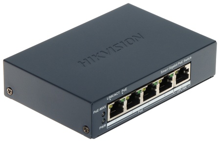 Switch de retea gestionabil Hikvision DS‑3E1505P‑EI, 4×Gigabit PoE + 1×Gigabit RJ45, buget PoE 60 W, suport VLAN 802.1Q, PoE watchdog pentru restart camere nefunctionale, STP/RSTP pentru prevenire bucle, detectie cablu, transmisie PoE pana la 300 m - Img 2