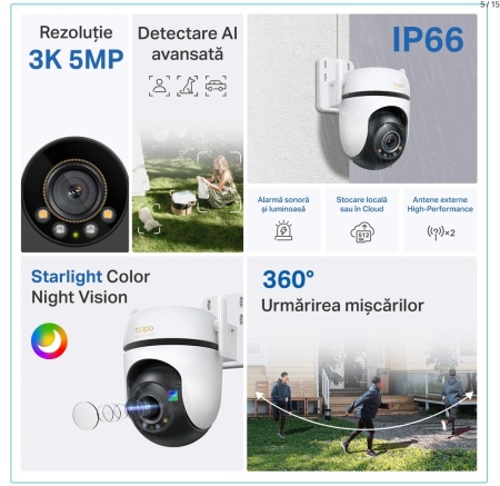 Camera supraveghere exterior TP-Link dome 5MP Tapo C530WS, 3K, Pan &amp; Tilt 360°/130°, Night Vision Starlight color, AI detectie persoane/animale/vehicule, Wi‑Fi/Ethernet, IP66, audio bidirectional, microSD 512 GB, alarma luminoasa/sonora - Img 4