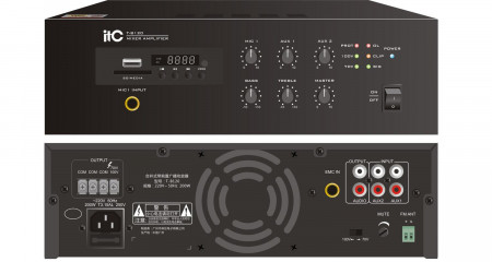 Mini amplificator ITCT-B120, pentru sisteme de Public Address (PA), putere 120W @70/100V, 4 x iesiri 4～16Ω/100V, 1 x iesire microfon cu volum independent; redare automata a muzicii in format MP3; functie de memorie- oprire; protectie la scurtcircuit,