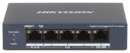Switch Gigabit HikVision DS-3E0505HP-E Unmanaged, 3 porturi PoE, 1 port Hi-PoE (60W), 1 port Uplink Gigabit RJ45, PoE Watchdog, izolare porturi, mod Extend 300m, protectie 6KV, fanless - Img 2