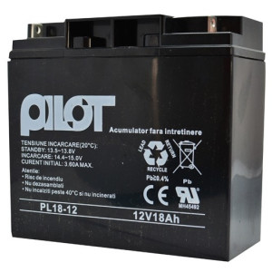 Acumulator plumb-acid Pilot PL18AH, tensiune 12V, capacitate 18Ah, borne tip T1, dimensiuni 181x77x167mm, greutate 5.45kg, ideal pentru sisteme de backup UPS, centrale de efractie, supraveghere video si echipamente de securitate