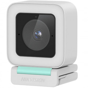 Camera web AI Hikvision 2MP IDS-UL2P/WH, Full HD @ 60fps, Auto Framing, focalizare automata SAF, iluminare LED 5 trepte, microfon dual, interfata USB-A/C, trepied inclus, AI Face Beautification, alb