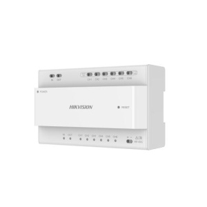 Distribuitor videointerfon 2 fire Hikvision DS-KAD706Y, 6 porturi pentru monitoare/posturi, 2 porturi cascadare, interfata RJ-45, indicatori status, montaj pe sina DIN, alimentare 24V DC, reset integrat, metal - Img 2