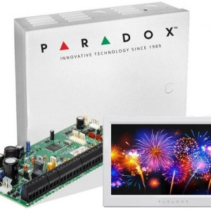 Kit alarmă Paradox SP6000(CT) + tastatură touchscreen TM70(L) 7", cutie metalică AWO000EI cu transformator, 16-32 zone, sistem cablat premium, compatibil senzori fum 2 fire
