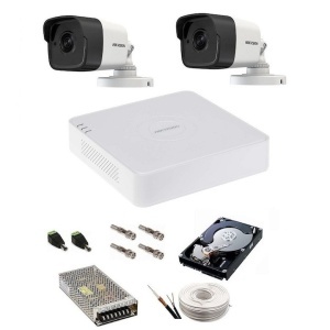 Kit complet supraveghere 5 MP Hikvision Turbo HD cu 2 camere Bullet IR 20 m, alimentatori, cabluri, mufe, HDD 500 Gb, vizualizare pe internet