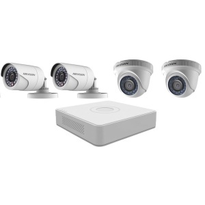 Kit supraveghere Hikvision compus din 1 x DVR DS-7104HGHI-F1, 2 camere de exterior DS- 2CE16C0T-IRP(3.6mm), 2 camere de interior DS-2CE56C0T-IRP(3.6mm)