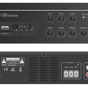 Mixer amplificator ITC T-B60, pentru sisteme de Public Address (PA), putere 60W @100V, 4 x iesiri 4～16Ω/100V, 1 x iesire microfon cu volum independent; redare automata a muzicii in format MP3; functie de memorie - oprire; protectie la scurtcircuit,