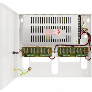 Sursa de alimentare in comutatie PSDC161216T 12V 16A cu 16 iesiri protejate, tensiune reglabila 12V-15V, eficienta 85%, protectii SCP, OLP si OVP, carcasa metalica de perete cu inchidere prin insurubare, ideala pentru sisteme CCTV