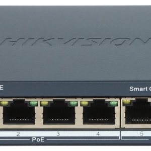 Switch de retea gestionabil HikVision DS-3E1506P-EI/M, 4×Gigabit PoE + 2×Gigabit RJ45, buget PoE 45 W, suport VLAN 802.1Q, PoE watchdog pentru restart camere nefunctionale, STP/RSTP prevenire bucle, detectie cablu, PoE pana la 300 m si protectie supratens