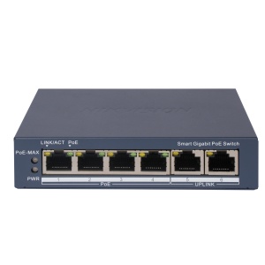Switch HikVision Smart Managed PoE 4 porturi Gigabit DS-3E1506P-EI, 2 porturi Gigabit RJ45, buget total PoE 60W, VLAN 802.1Q, PoE watchdog, transmisie PoE pe distanta lunga pana la 300m, protectie la supratensiune 6kV, detectie cablu