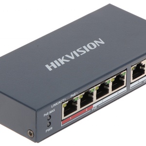 Switch PoE Hikvision DS‑3E0106P‑E/M(B) Fast Ethernet, Intelligent PoE Management, Long Range PoE pana la 300 m, 6 kV protectie la supratensiune, ideal pentru retele camere, montaj usor, fiabil