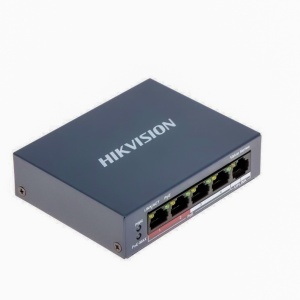 Switch retea HikVision DS‑3E0105P‑E(B), unmanaged cu PoE inteligent, 5 porturi 10/100 Mbps cu alimentare PoE, transmisie PoE pana la 300 m, alimentare adaptiva 8‑core cu pierderi reduse, protectie supratensiune 6 kV