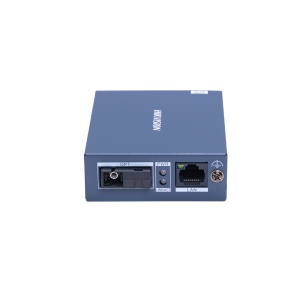 Transceiver HikVision DS‑3D501T‑3, 1×RJ45 Gigabit + 1×SC Gigabit single‑mode, WDM bidirecțional, plug‑and‑play, transmisie până la 3km, protecție 4 kV, metal