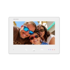 Videointerfon 2‑wire HD HikVision DS‑KH7300EY‑WTE2/White, ecran touch 7″ 1024×600, 3 butoane touch, configurare cu rotary switch, plug & play, suport Hik‑Connect (W), indicatori multiple, vizualizare live statii usa, buton studio/profesional, apel etaj