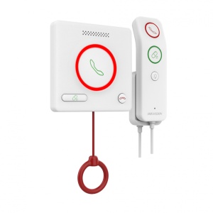 Buton de apelare medicala cu telecomanda Hikvision DS-KHH6020X-H, 1x RJ45, alimentare DC12V/private PoE, protectie IPX5, intercom bidirectional, alarme inteligente, 3 butoane functie apel/anulare/asistenta