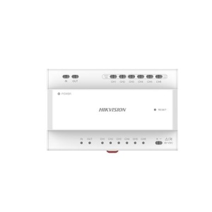 Distribuitor videointerfon 2 fire Hikvision DS-KAD706Y, 6 porturi pentru monitoare/posturi, 2 porturi cascadare, interfata RJ-45, indicatori status, montaj pe sina DIN, alimentare 24V DC, reset integrat, metal - Img 3